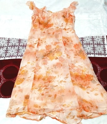 オレンジフレア秋花柄シフォン ネグリジェ ノースリーブワンピースドレス Orange flare floral chiffon negligee sleeveless dress