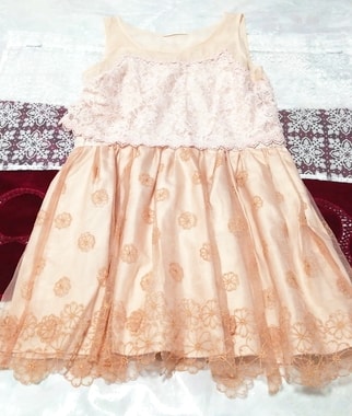 ピンクベージュ花刺繍レース ネグリジェ ノースリーブワンピースドレス Pink beige flower embroidery lace negligee sleeveless dress