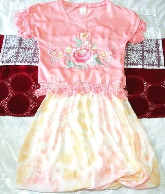 ピンクフリンジ花刺繍チュニック ネグリジェ 淡いオレンジフレアスカート 2P Pink fringe flower tunic negligee orange flare skirt