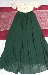 白フローラルホワイトレースネグリジェマキシワンピース緑シフォンスカートドレス White lace maxi dress negligee green chiffon skirt