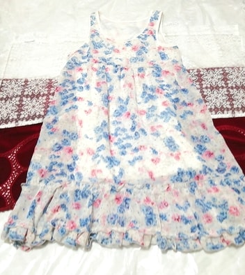 青赤白花柄シフォンネグリジェチュニックワンピース Blue red white flower pattern negligee chiffon tunic dress