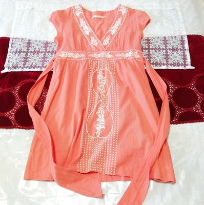 サーモンピンク綿コットン白刺繍ノースリーブチュニック ネグリジェ ワンピース Salmon pink cotton sleeveless tunic negligee dress