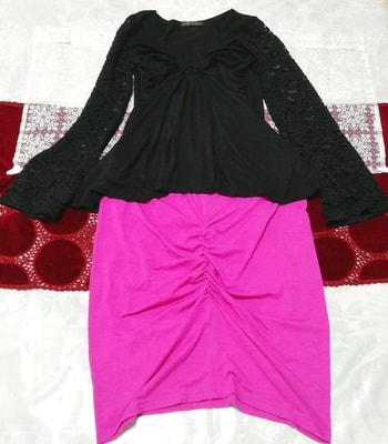 黒ブラックレース長袖シフォンチュニック ネグリジェ マゼンタミニスカート 2P Black lace tunic negligee mazenda pink mini skirt