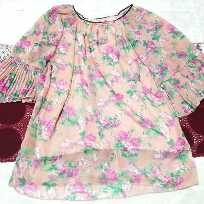 亜麻色ピンク着物風花柄長袖チュニックネグリジェ Flax color kimono style pink floral long sleeve tunic negligee dress