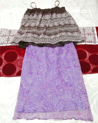 茶エスニック柄シフォンキャミソール ネグリジェ 紫スカート 2P Brown ethnic pattern chiffon camisole negligee purple skirt