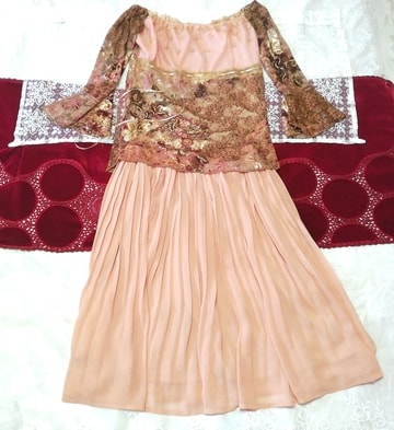 茶ピンク花レースチュニック ネグリジェ ピンクプリーツシフォンスカート 2P Brown pink flower lace tunic negligee pink chiffon skirt