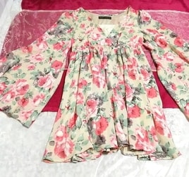 CECIL McBEE セシルマクビー 亜麻色着物風花柄長袖チュニックワンピース Flax color kimono-style floral print longsleeve tunic onepiece