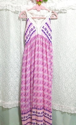 月花柄ピンクネグリジェノースリーブロングスカートマキシワンピース Moon flower pattern pink negligee nosleeve long skirt maxi dress