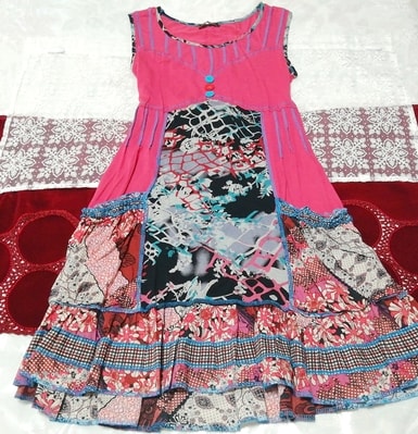 ピンク黒青アート柄 ノースリーブ ネグリジェ ナイトウェア ワンピース Pink black blue art pattern sleeveless negligee nightwear dress