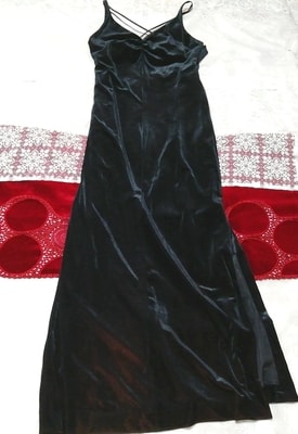 黒ベロアマキシ スリットスカート ネグリジェ ノースリーブワンピースドレス Black velour maxi slit skirt negligee sleeveless dress
