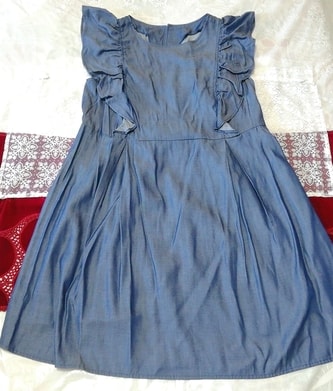 青デニム風ノースリーブフリルチュニック ネグリジェ ナイトウェア ワンピース Blue denim style sleeveless frill tunic negligee dress