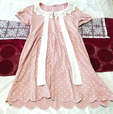 ピンク白リボン水玉半袖チュニック ネグリジェ ナイトウェア ワンピース Pink white ribbon polka dot tunic negligee nightwear dress