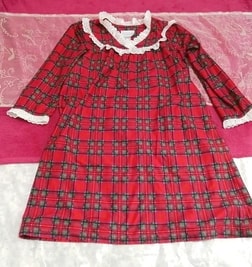 赤チェック柄長袖白レースネグリジェチュニックワンピース Red check pattern long sleeve lace negligee tunic dress