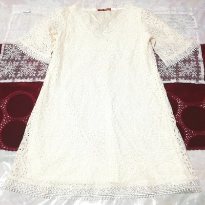 白編みホワイトVネックレースネグリジェナイトウェア White V neck lace tunic negligee nightwear