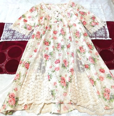 亜麻色花柄綿コットンお姫様レース半袖チュニック ネグリジェ ワンピース Flax floral cotton princess lace tunic negligee dress