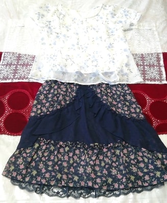 白花柄シフォンチュニック ネグリジェ ナイトウェア 紺レーススカート 2P White floral chiffon tunic negligee nightwear navy lace skirt