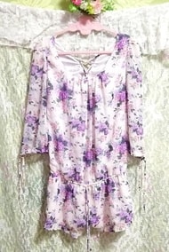 白紫花柄シフォンネグリジェキュロットワンピース White purple flower pattern chiffon negligee currot dress
