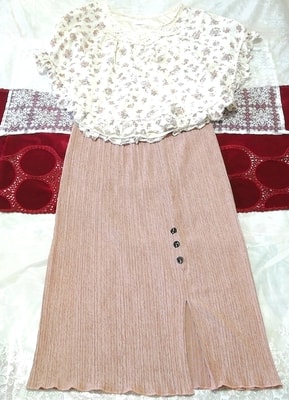 白コットン花柄ポンチョチュニック ネグリジェ ピンクベージュマキシスカート 2P White cotton tunic negligee pink beige maxi skirt