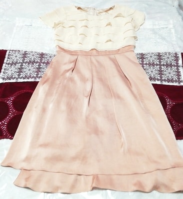 ピンクフローラルホワイトサテンシフォンフリル ネグリジェ 半袖ワンピースドレス Pink floral white satin chiffon ruffle negligee dress