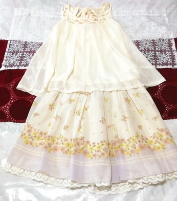 フローラルホワイトシフォンチュニック ネグリジェ ナイトウェア 花柄スカート 2P Floral white chiffon tunic negligee skirt