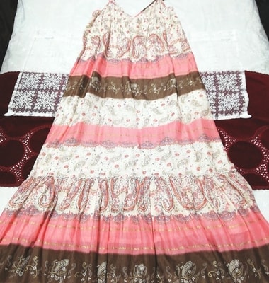 ピンク茶コットンネグリジェマキシキャミソールワンピースベビードールドレス Pink brown cotton negligee maxi camisole babydoll dress