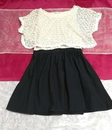 フローラルホワイトレース黒スカートコットンネグリジェチュニックワンピース Floral white lace black skirt cotton negligee tunic dress