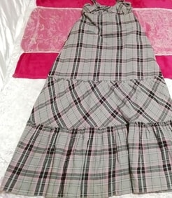 灰黒ピンクチェック柄綿コットンネグリジェキャミソールマキシスカートワンピース Gray black pink cotton negligee camisole maxi dress