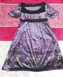 紫パープルベロア花柄半袖ネグリジェチュニックワンピース Purple velour floral short sleeve negligee tunic dress