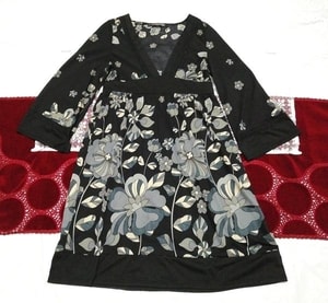 黒花柄Vネックネグリジェチュニックワンピース Black floral V-neck negligee tunic dress