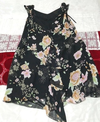黒シフォン花柄リボンノースリーブ ネグリジェ ナイトウェアワンピース Black chiffon floral ribbon sleeveless negligee nightwear dress