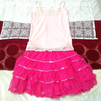 ピンクレースキャミソール ネグリジェ マゼンタチュチュミニスカート 2P Pink lace camisole negligee magenta miniskirt