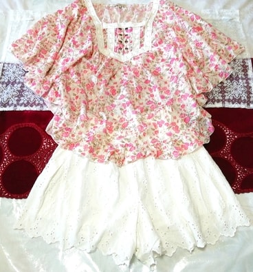 ポンチョピンク花柄フリルチュニックネグリジェ ナイトウェア 白ショートパンツ 2P Poncho pink floral frill tunic negligee white shorts