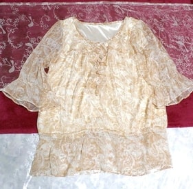 茶白ホワイトエスニック柄シフォンフリルチュニック トップス Brown white ethnic pattern chiffon frills tunic tops