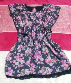 紺ネイビー花柄シフォンネグリジェチュニックワンピース Navy floral pattern chiffon negligee tunic dress