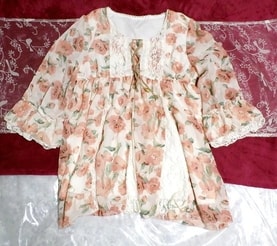 ガーリー淡いピンク白レース花柄シフォンネグリジェフリル長袖チュニック Girly white lace flower pattern chiffon negligee tunic dress