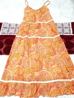 橙オレンジエスニック柄綿ネグリジェキャミソールスカートマキシワンピース Orange ethnic pattern cotton negligee camisole maxi dress