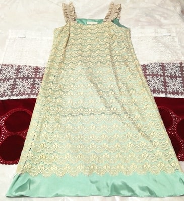 緑レースサテンスカート ネグリジェ ナイトウェア ノースリーブワンピースドレス Green lace satin skirt negligee nightwear dress