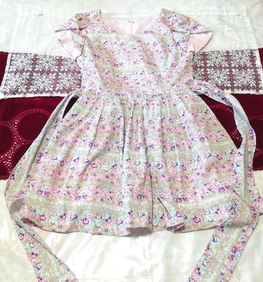 グレー紫ピンク花柄腰リボンノースリーブチュニック ネグリジェ ワンピース Gray purple pink floral waist ribbon tunic negligee dress