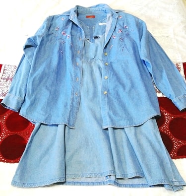 デニム水色刺繍コットン ネグリジェ カーディガン ワンピース 2P Denim light blue embroidery cotton negligee cardigan sleeveless dress