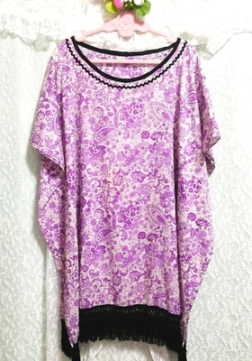 紫エスニック柄黒ブラックフリンジポンチョチュニックネグリジェ Purple ethnic pattern black fringe poncho tunic negligee dress