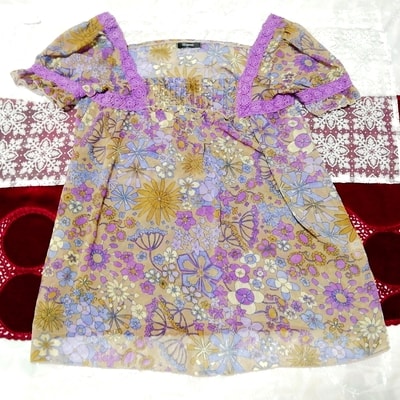 紫レース花柄エスニック模様シフォンチュニックネグリジェ Purple lace flower pattern chiffon tunic negligee