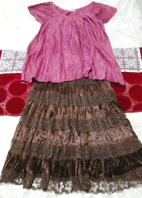 紫半袖チュニック ネグリジェ 茶レースフレアロングスカート 2P Purple short sleeve tunic negligee brown lace flare long skirt