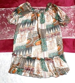 オレンジ緑茶エスニック柄シフォンネグリジェチュニックワンピース Orange green ethnic pattern ruffle chiffon negligee tunic dress