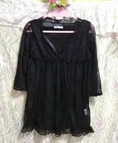 黒レースネグリジェチュニックワンピース Black lace negligee tunic dress