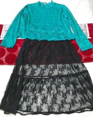 緑レースチュニック ネグリジェ ナイトウェア 黒シースルーレーススカート 2P Green lace tunic negligee black see-through lace skirt