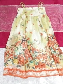 インド製シフォン亜麻色花柄ネグリジェキャミソールワンピース Indian chiffon flax flower pattern negligee camisole dress