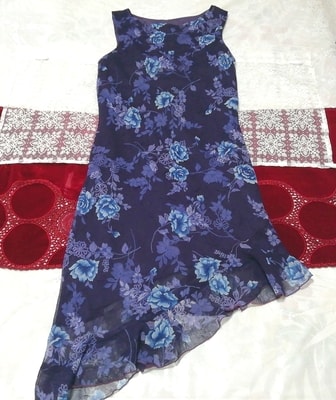 紺花柄シフォンノースリーブ ネグリジェ ナイトウェア ハーフワンピース Navy blue floral chiffon sleeveless negligee nightwear dress
