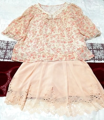 赤花柄シフォンチュニック ネグリジェ ピンクミニキュロットスカート 2P Red floral chiffon tunic negligee pink mini culottes skirt