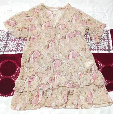 幾何学柄亜麻色フリルシフォンチュニックネグリジェ Geometric pattern flax color frill chiffon tunic negligee dress