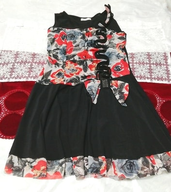 黒赤グレーアート柄フリル ネグリジェ ノースリーブワンピースドレス Black red gray art pattern ruffle negligee sleeveless dress
